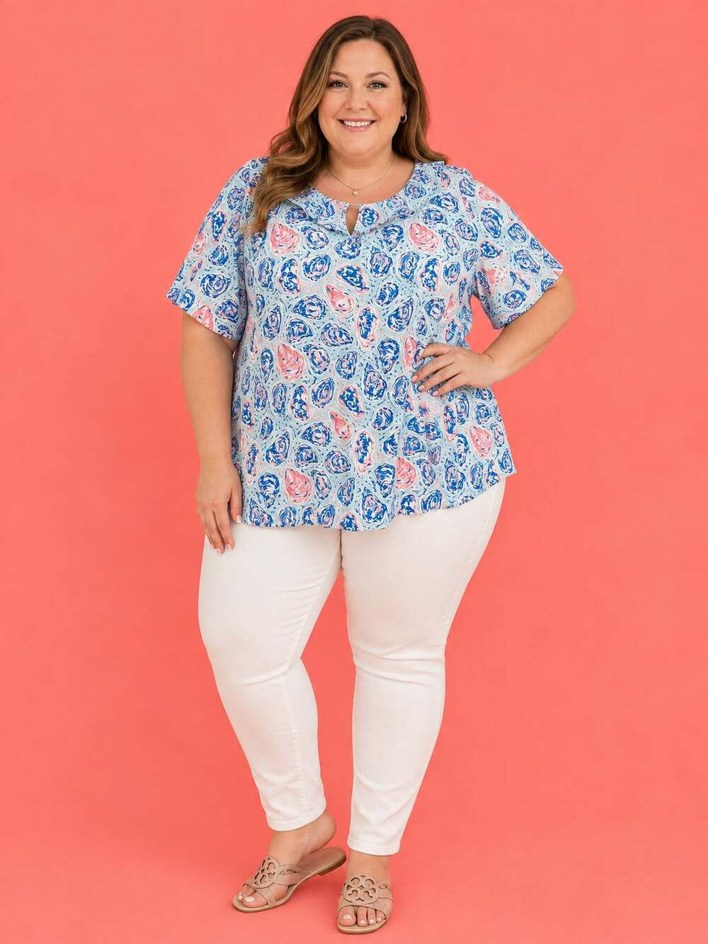 Simply Southern Oyster Shell Print Blue Short Sleeve Blouse XXL